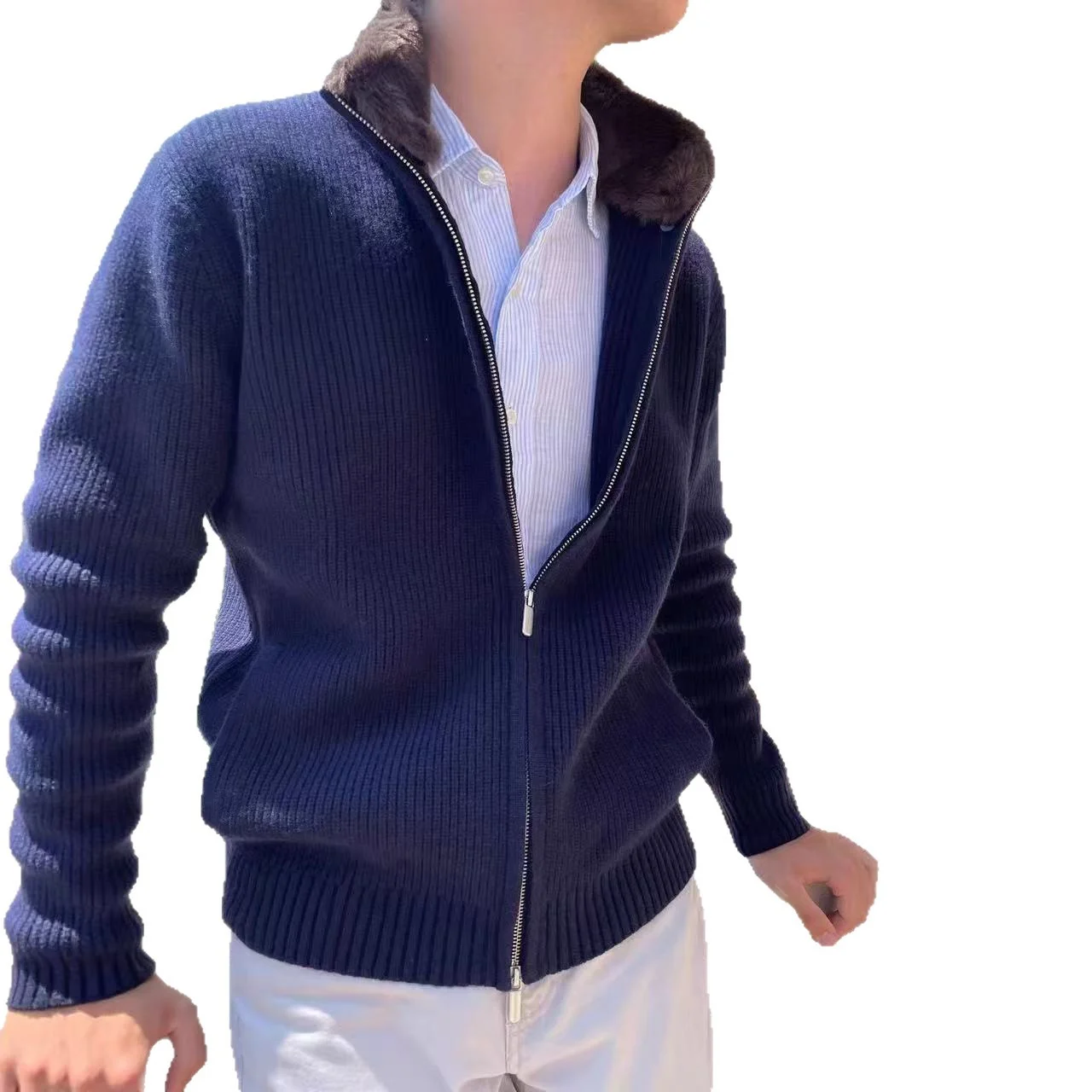 Mens Knitted Cardigan With A Lapel And Fur Collar — image 4