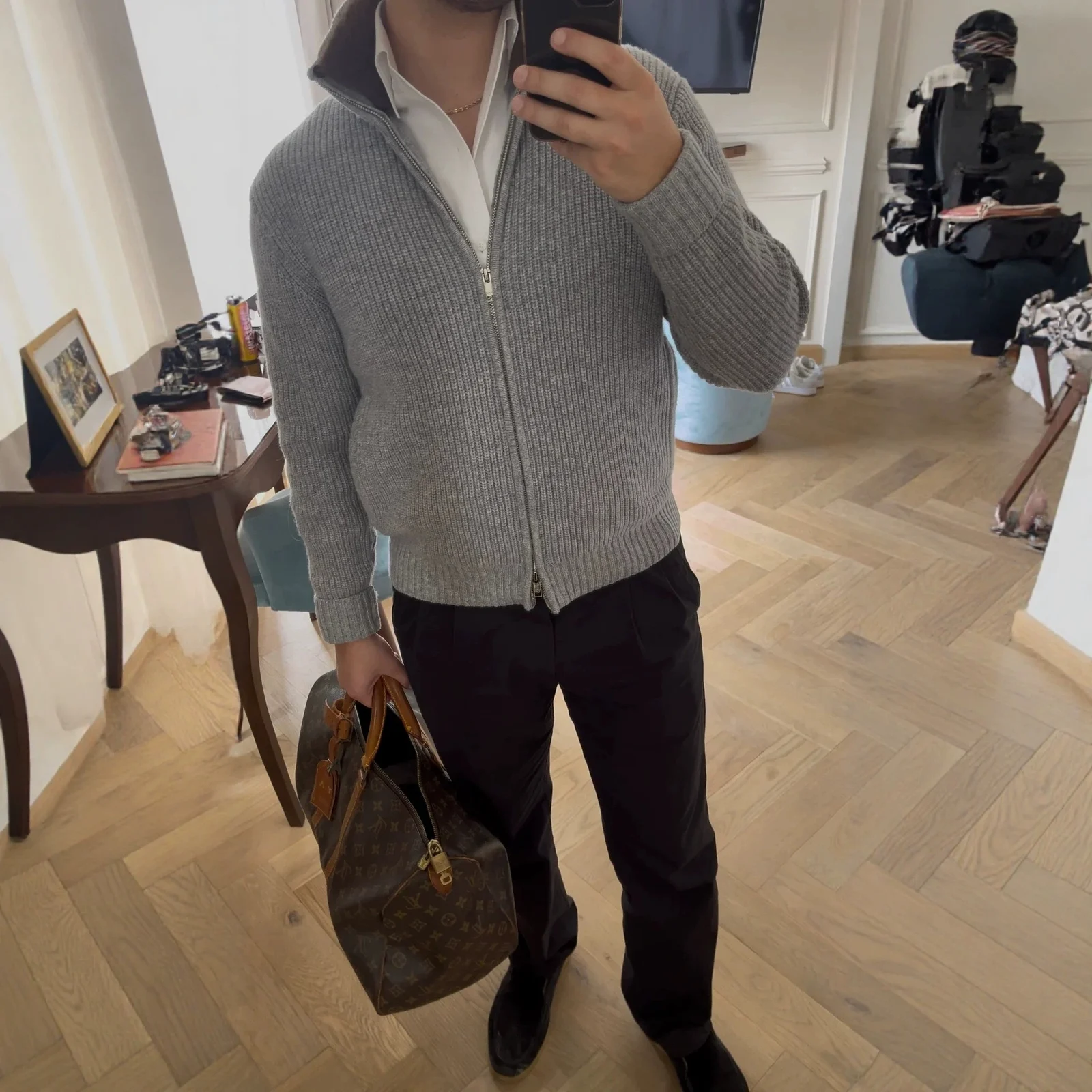 Mens Knitted Cardigan With A Lapel And Fur Collar — image 6