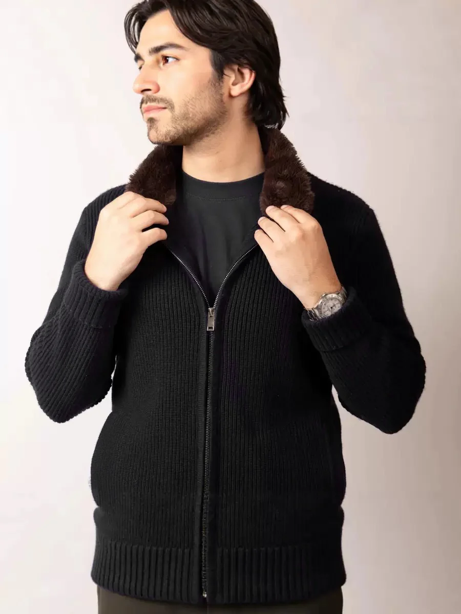 Mens Knitted Cardigan With A Lapel And Fur Collar — image 7