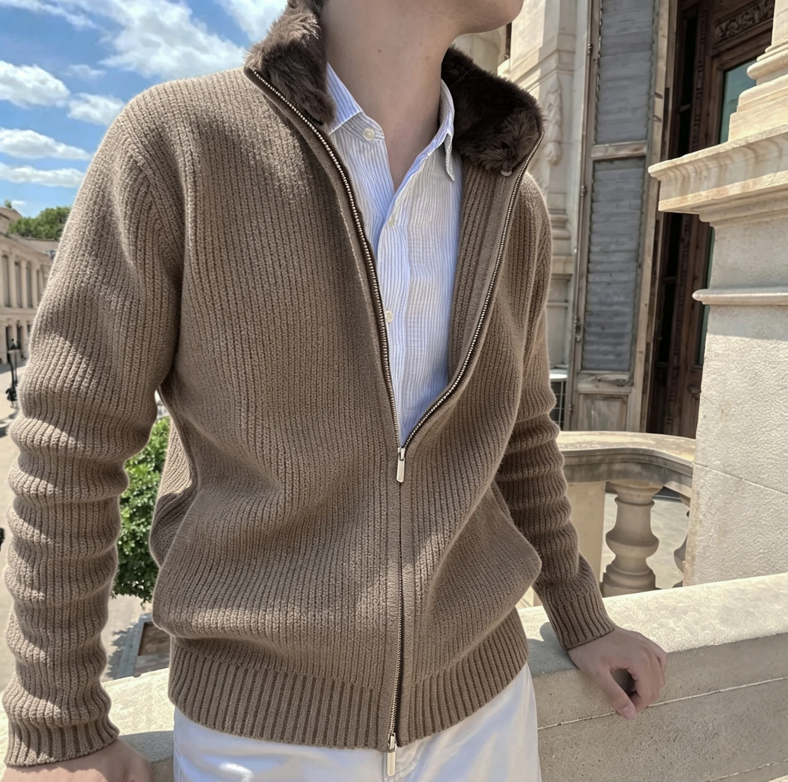 Mens Knitted Cardigan With A Lapel And Fur Collar — image 3