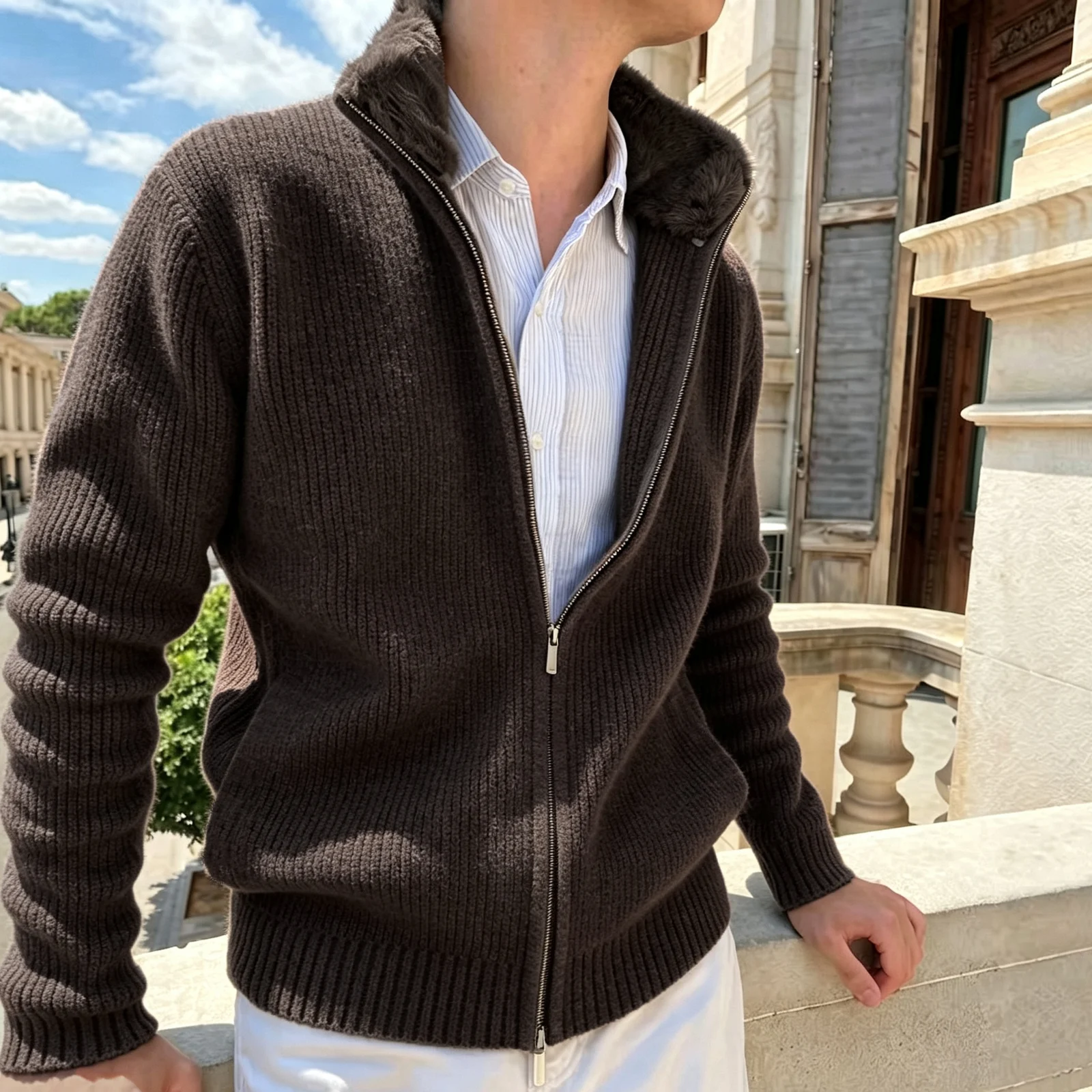 Mens Knitted Cardigan With A Lapel And Fur Collar — image 2