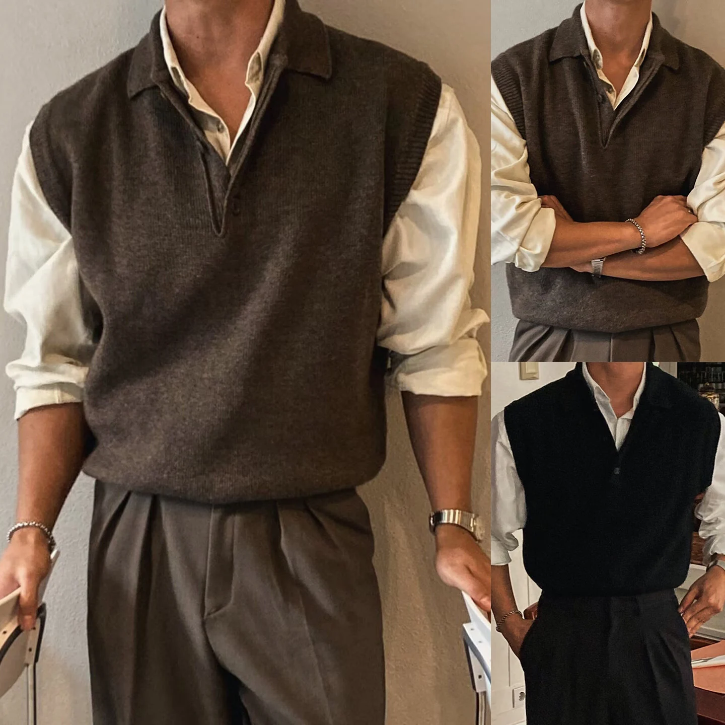 Mens Lapel Vest Business Knitwear Wool — image 2