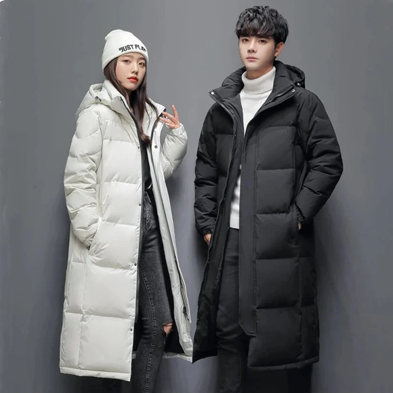 Mens Long Winter White Duck Down Hooded Coat That Goes Below The Knee — image 2