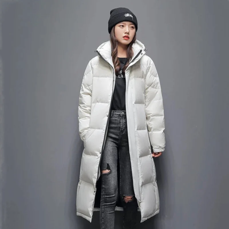 Mens Long Winter White Duck Down Hooded Coat That Goes Below The Knee — image 3