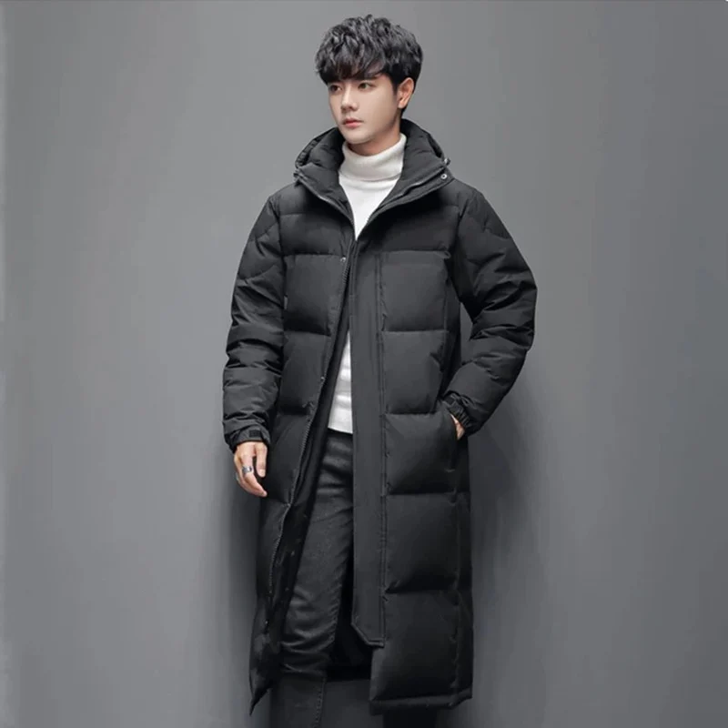 Mens Long Winter White Duck Down Hooded Coat That Goes Below The Knee — image 8