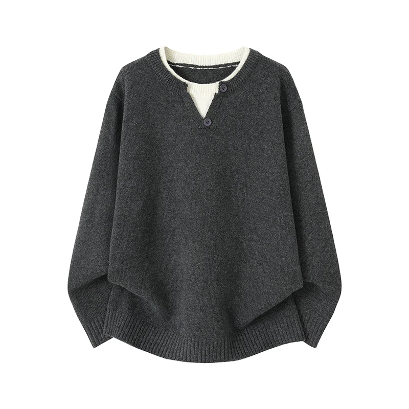 Mens Mock Two-piece V-neck Round-neck Sweater — image 5
