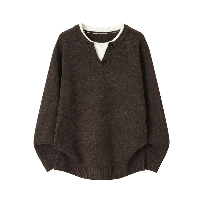 Mens Mock Two-piece V-neck Round-neck Sweater — image 4