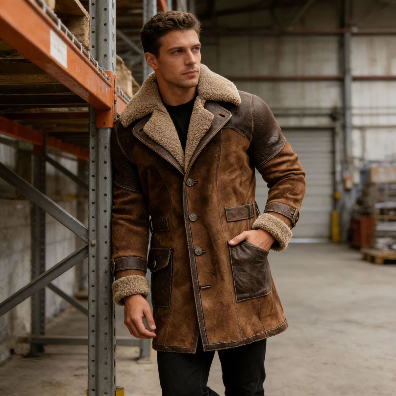 Mens Retro Patchwork Suede Coat, Long Style For Fall And Winter — image 3