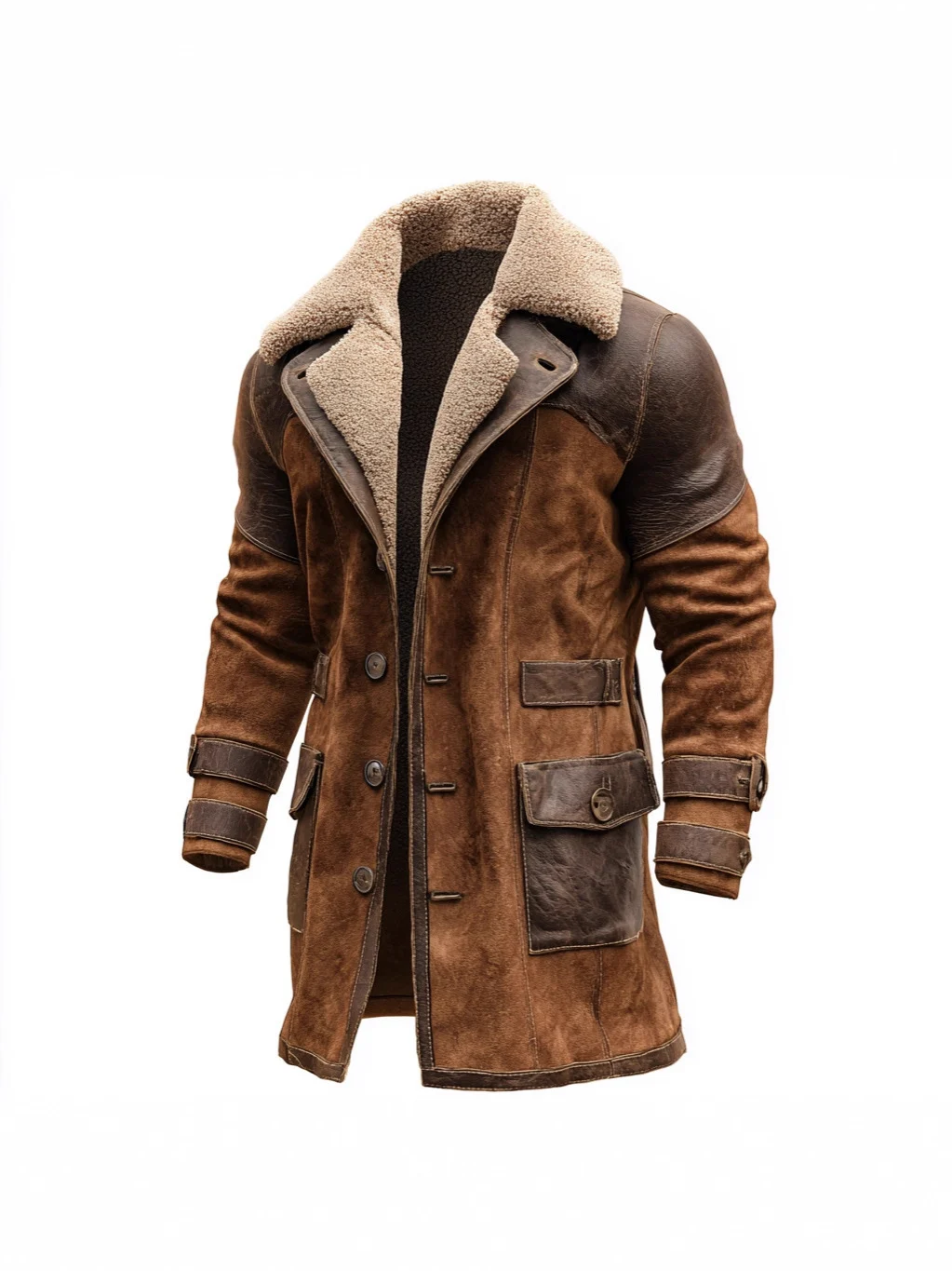 Mens Retro Patchwork Suede Coat, Long Style For Fall And Winter — image 4
