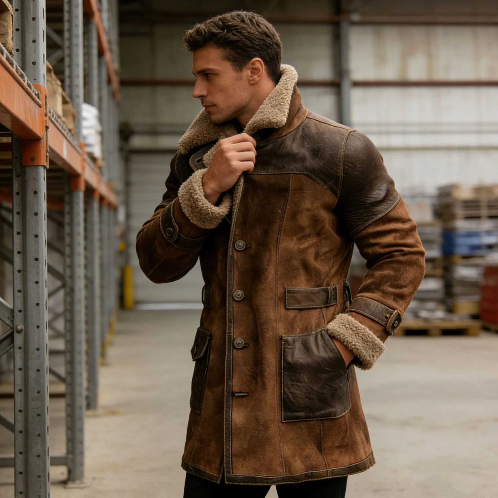 Mens Retro Patchwork Suede Coat, Long Style For Fall And Winter — image 6