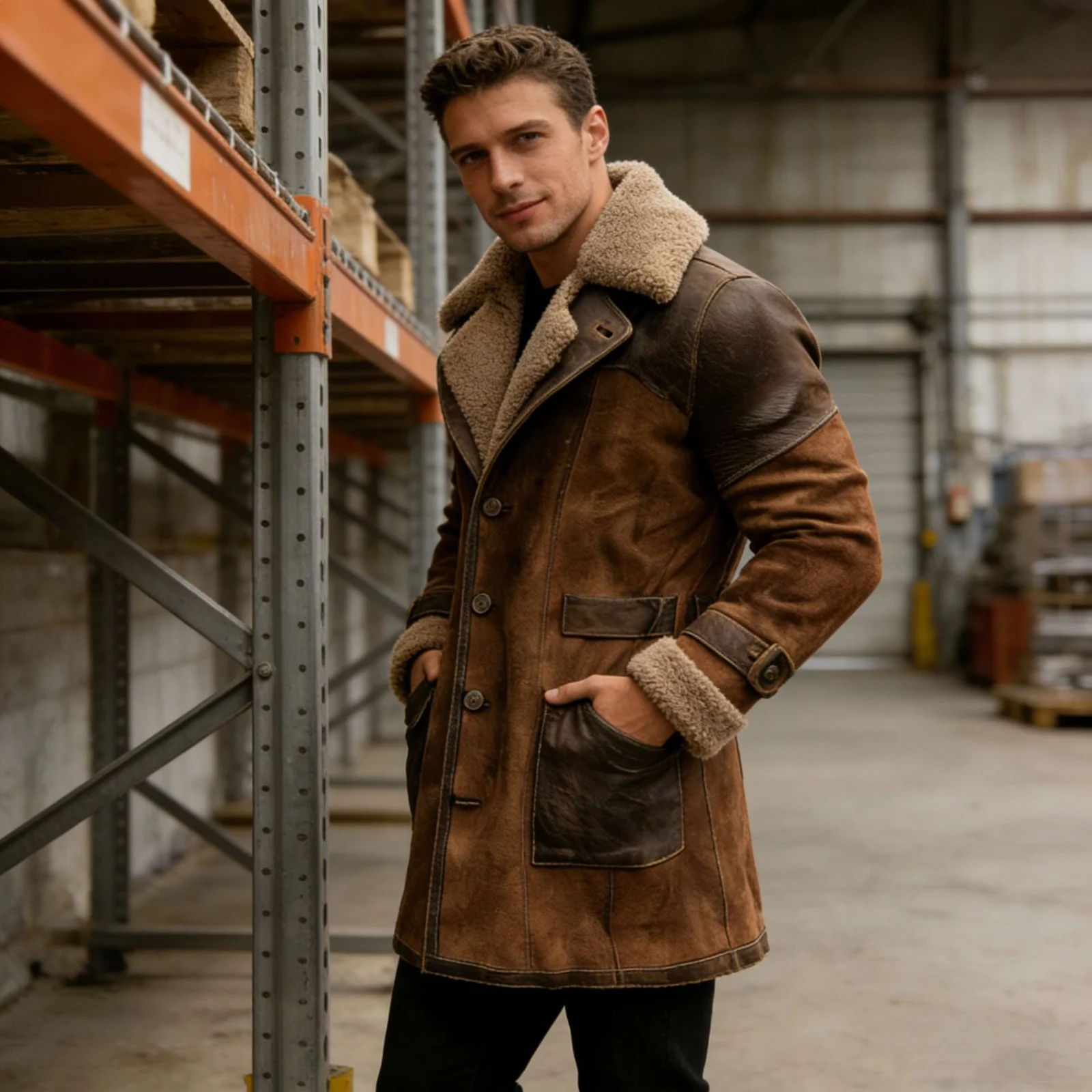 Mens Retro Patchwork Suede Coat, Long Style For Fall And Winter — image 5
