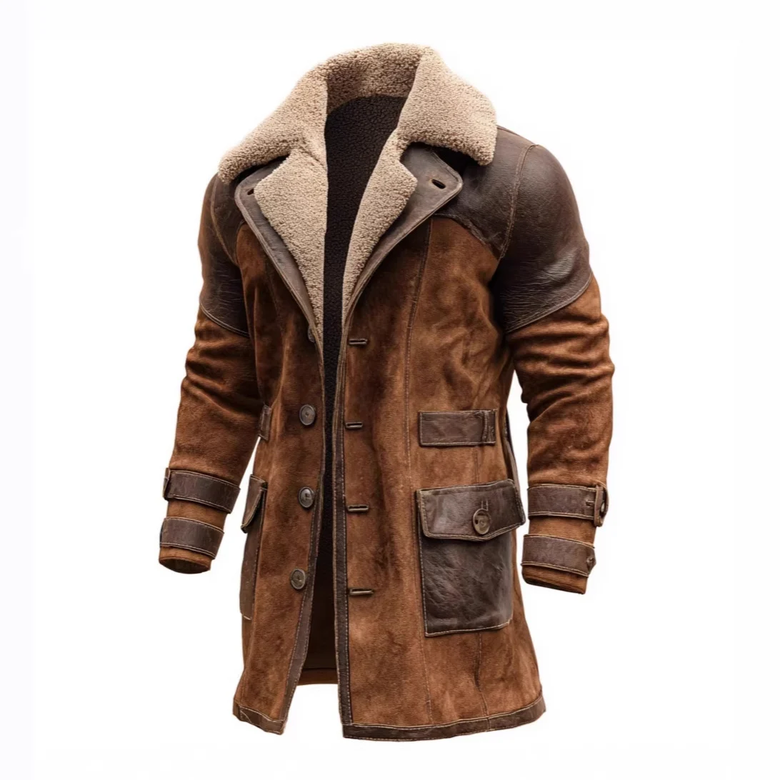 Mens Retro Patchwork Suede Coat, Long Style For Fall And Winter — image 2