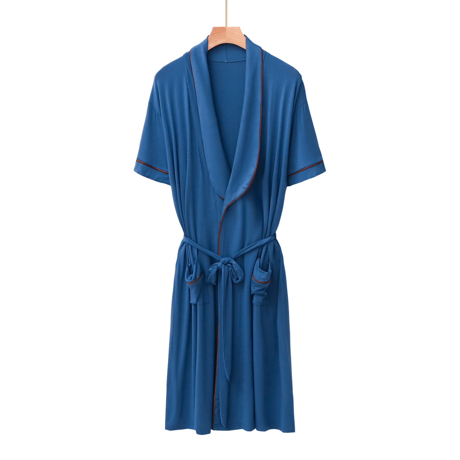 Mens Short-sleeved Mandarin-collar Mid-length Belted Draping Pajama Bathrobe — image 6