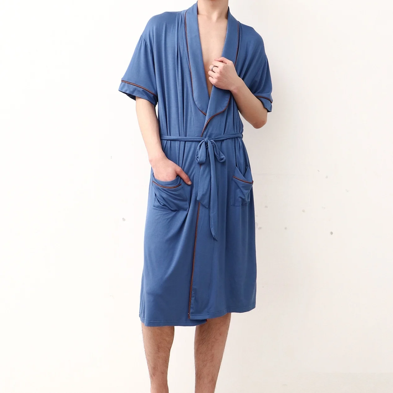 Mens Short-sleeved Mandarin-collar Mid-length Belted Draping Pajama Bathrobe — image 4
