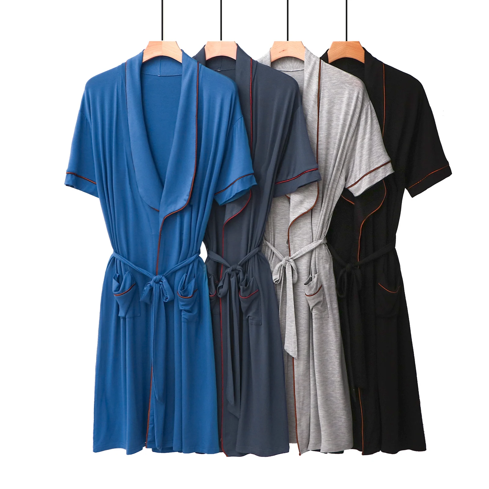 Mens Short-sleeved Mandarin-collar Mid-length Belted Draping Pajama Bathrobe — image 5