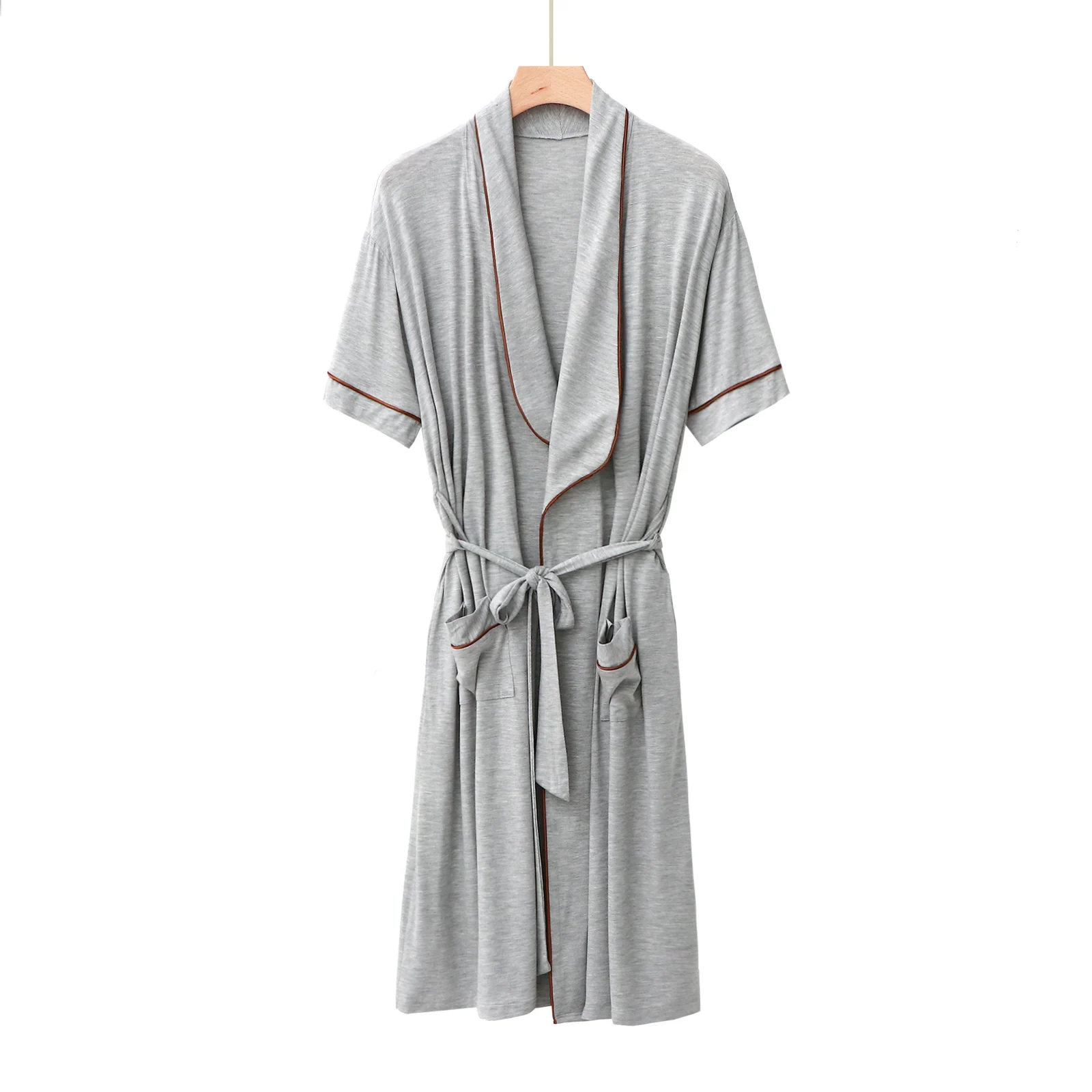 Mens Short-sleeved Mandarin-collar Mid-length Belted Draping Pajama Bathrobe — image 3