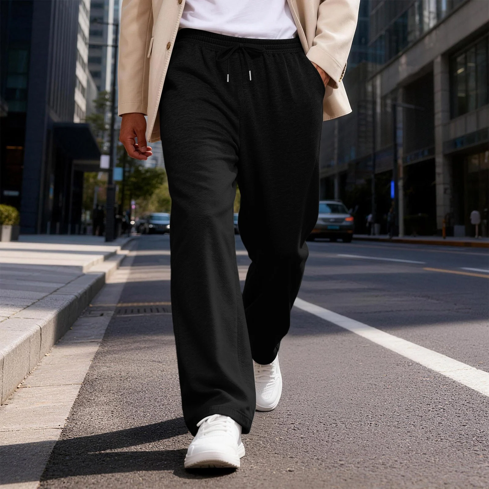 Mens Solid-color Drawstring Straight-leg Sweatpants — image 2