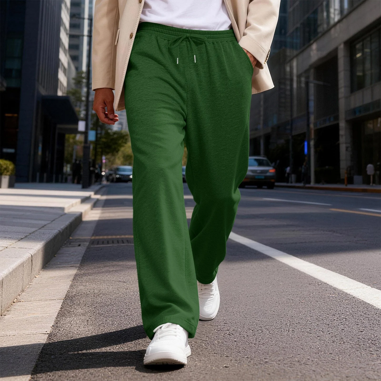 Mens Solid-color Drawstring Straight-leg Sweatpants — image 3