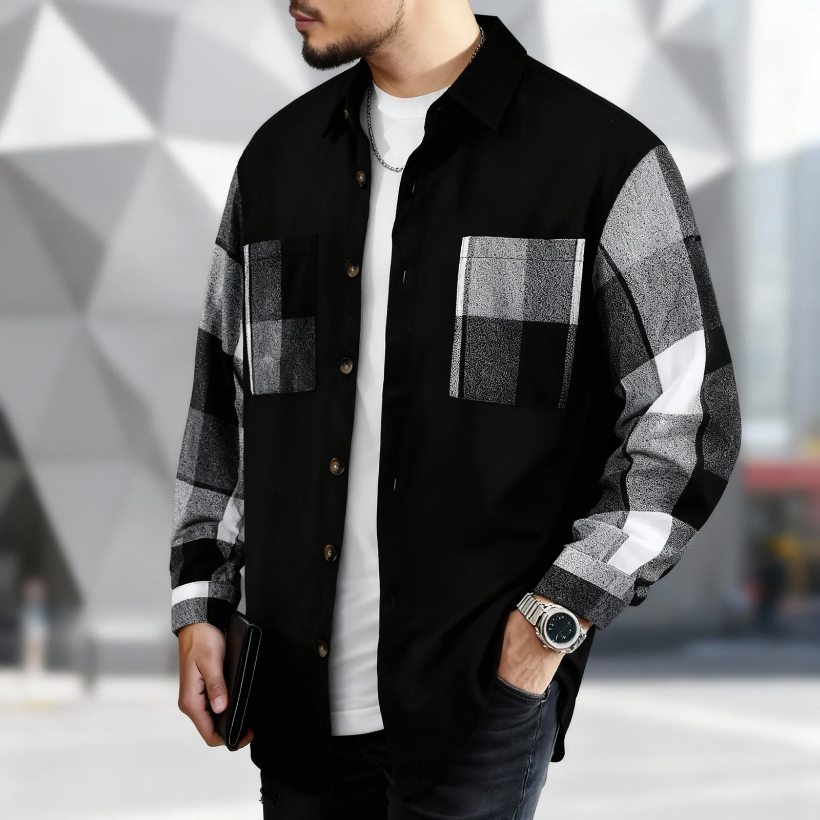 Mens -style Long-sleeve Patchwork Plaid Shirt — image 2