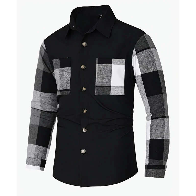 Mens -style Long-sleeve Patchwork Plaid Shirt — image 6