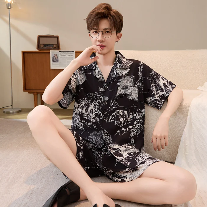 Mens Summer Cardigan Ice-silk Short-sleeve Top And Shorts — image 17
