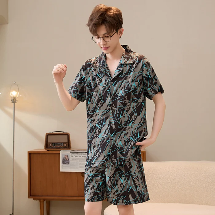 Mens Summer Cardigan Ice-silk Short-sleeve Top And Shorts — image 11