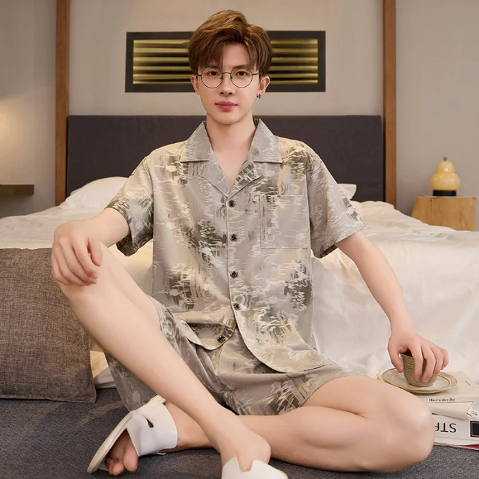 Mens Summer Cardigan Ice-silk Short-sleeve Top And Shorts — image 12