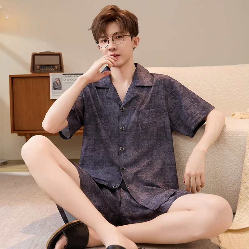 Mens Summer Cardigan Ice-silk Short-sleeve Top And Shorts — image 8