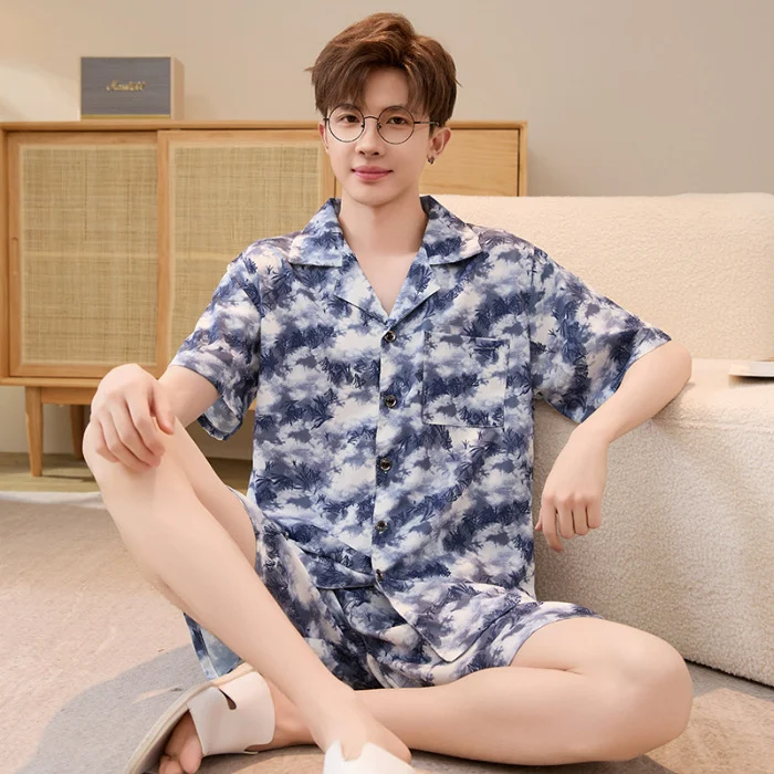 Mens Summer Cardigan Ice-silk Short-sleeve Top And Shorts — image 3