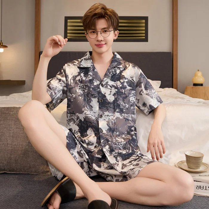 Mens Summer Cardigan Ice-silk Short-sleeve Top And Shorts — image 14