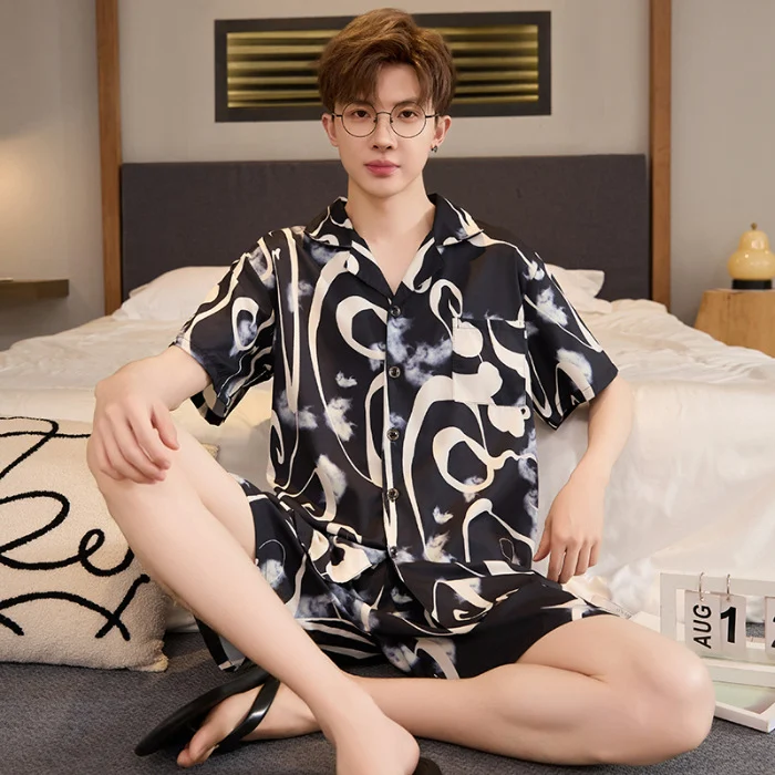 Mens Summer Cardigan Ice-silk Short-sleeve Top And Shorts — image 18