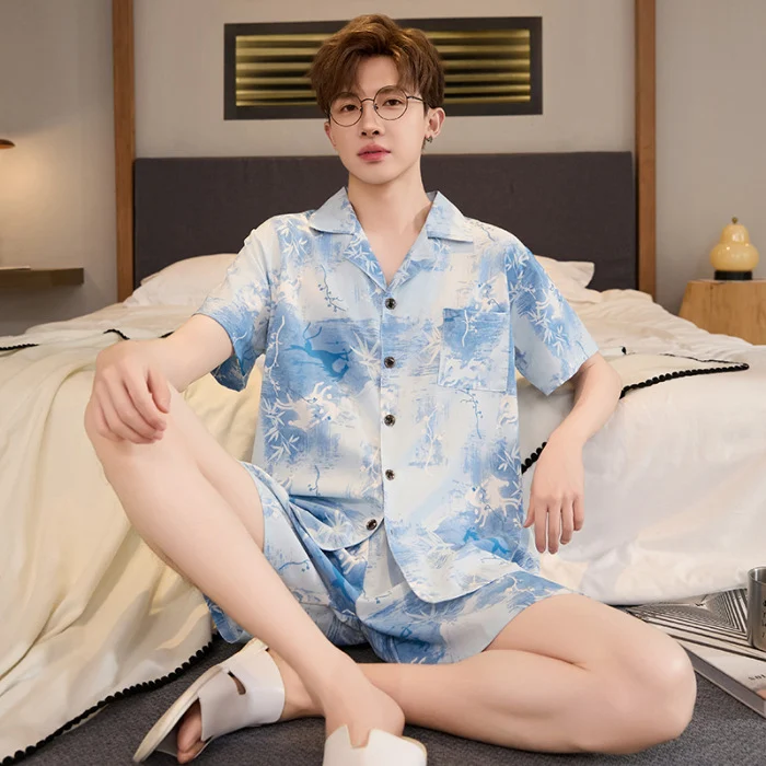 Mens Summer Cardigan Ice-silk Short-sleeve Top And Shorts — image 10