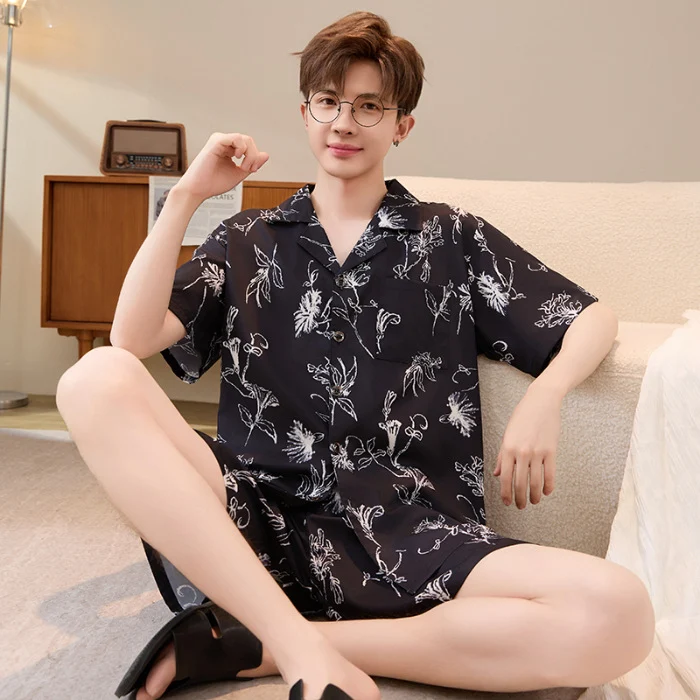 Mens Summer Cardigan Ice-silk Short-sleeve Top And Shorts — image 2