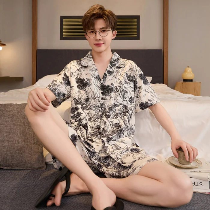 Mens Summer Cardigan Ice-silk Short-sleeve Top And Shorts — image 5