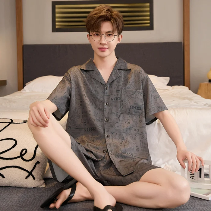 Mens Summer Cardigan Ice-silk Short-sleeve Top And Shorts — image 4