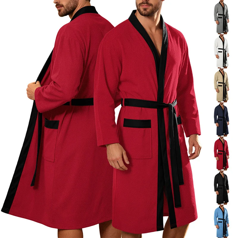 Mens Twill Terry Cloth Casual Long Robe With Two Pockets And Drawstring Tie — image 1