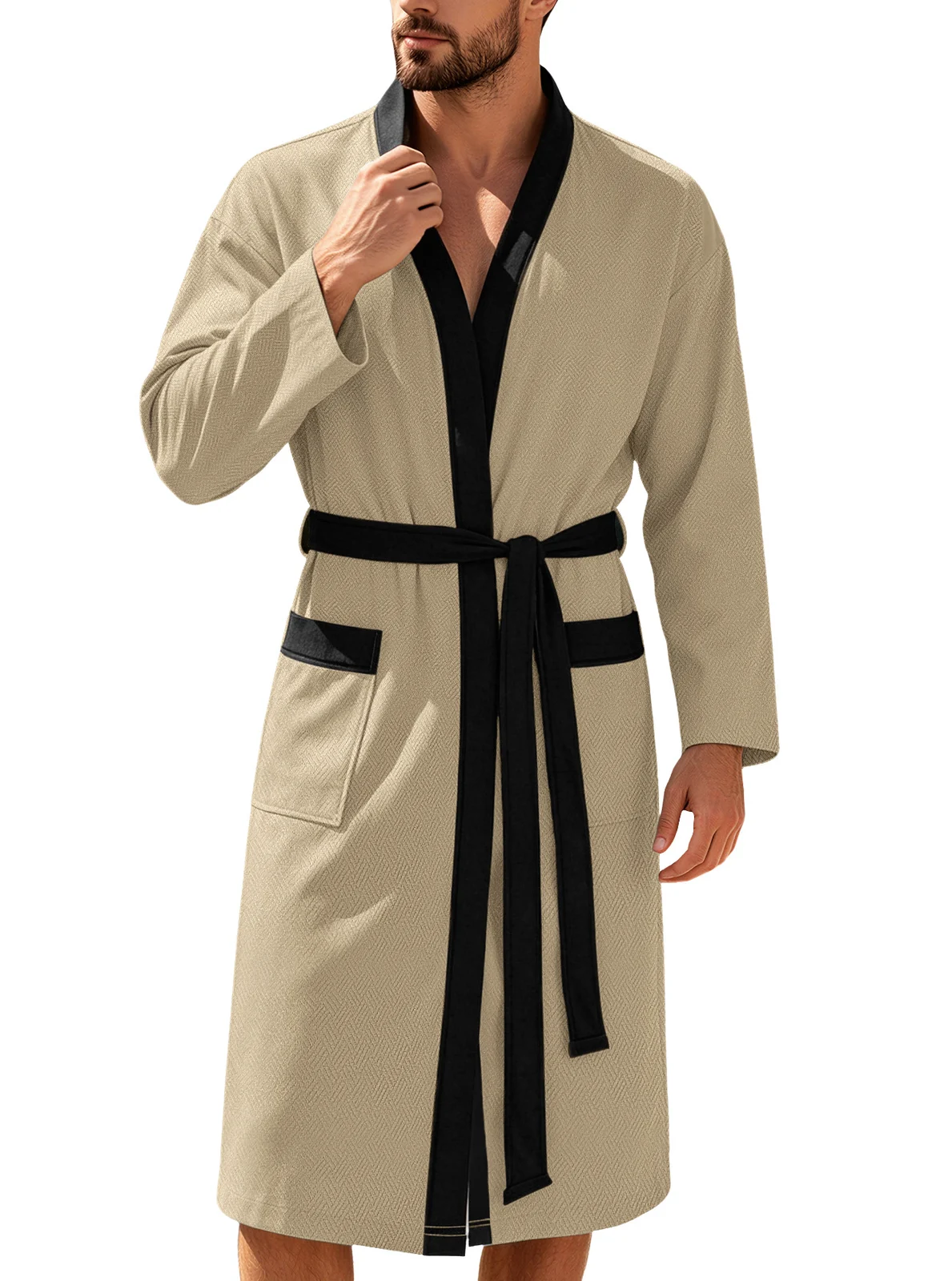 Mens Twill Terry Cloth Casual Long Robe With Two Pockets And Drawstring Tie — image 10
