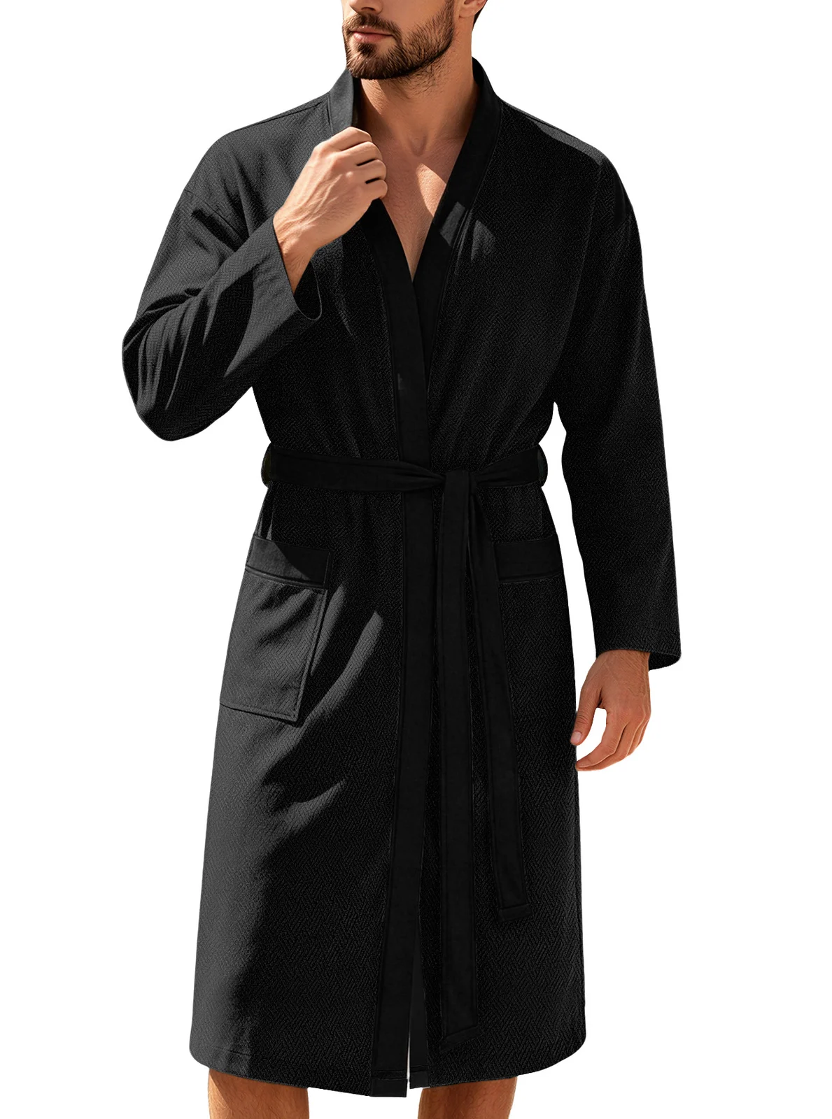 Mens Twill Terry Cloth Casual Long Robe With Two Pockets And Drawstring Tie — image 3