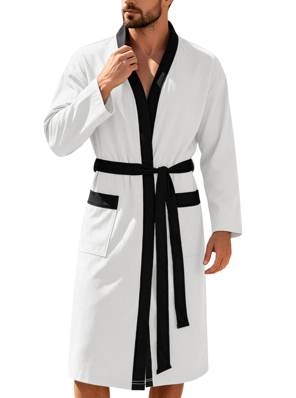 Mens Twill Terry Cloth Casual Long Robe With Two Pockets And Drawstring Tie — image 6