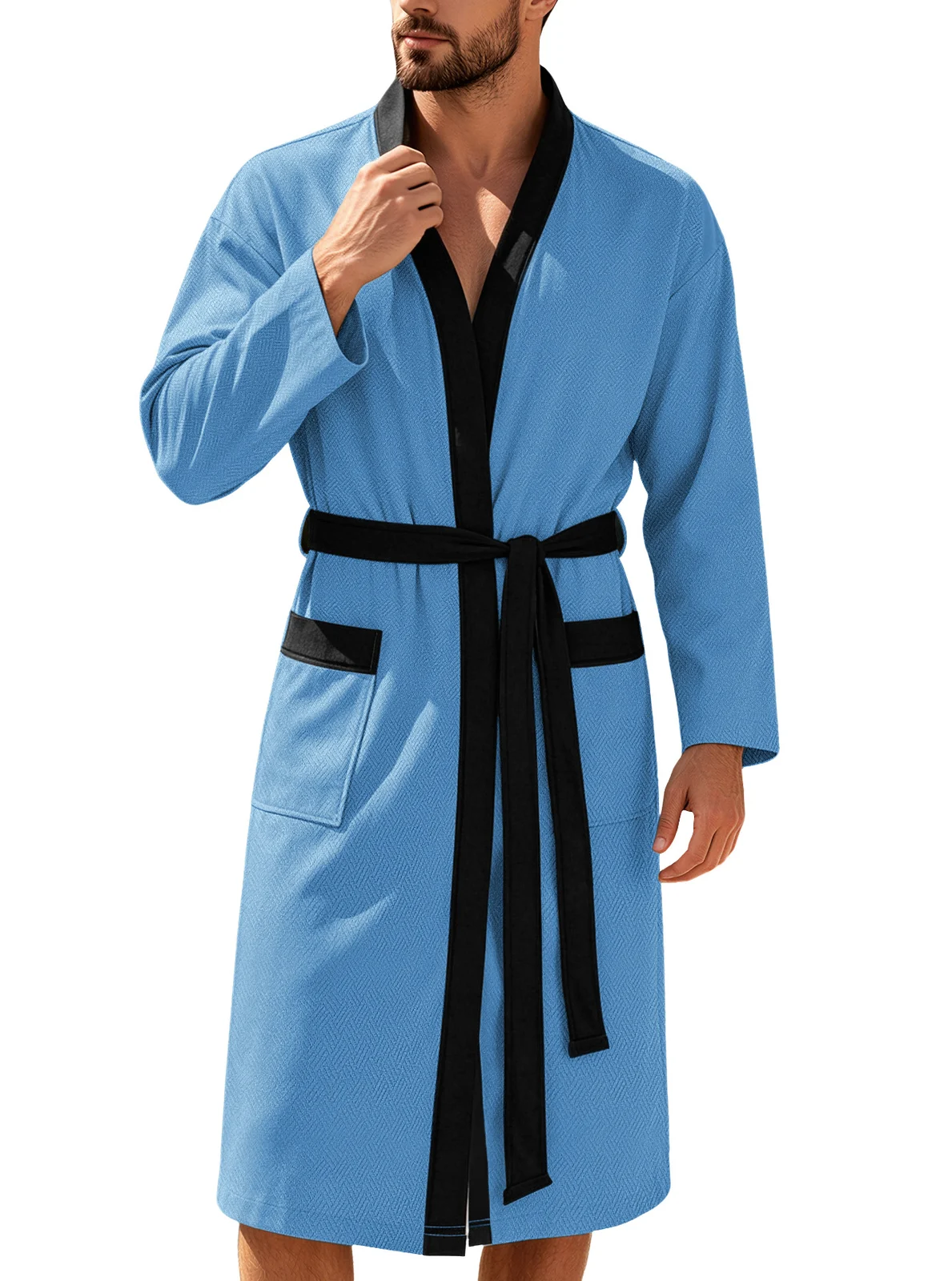 Mens Twill Terry Cloth Casual Long Robe With Two Pockets And Drawstring Tie — image 7