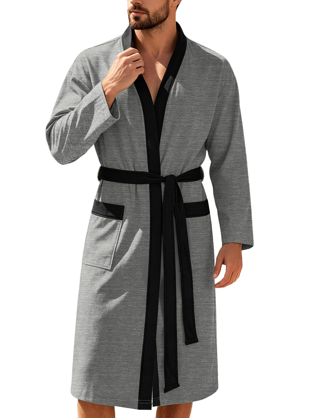 Mens Twill Terry Cloth Casual Long Robe With Two Pockets And Drawstring Tie — image 5