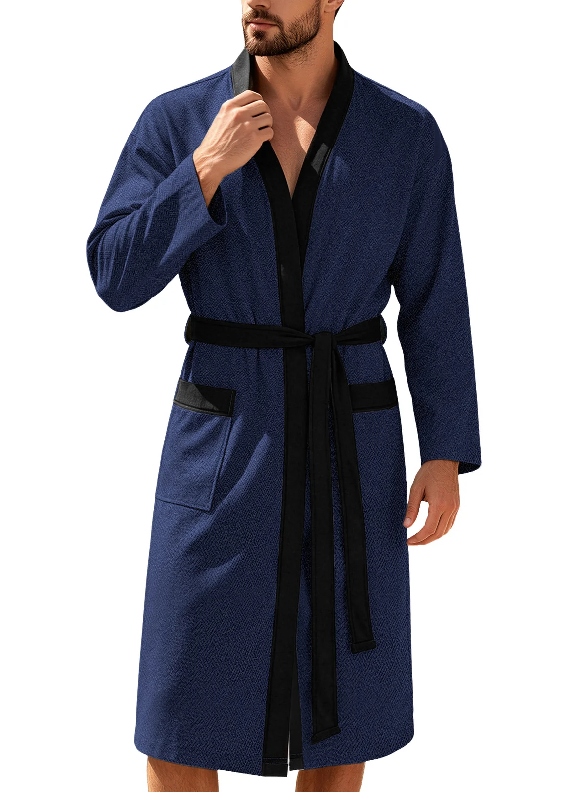 Mens Twill Terry Cloth Casual Long Robe With Two Pockets And Drawstring Tie — image 11