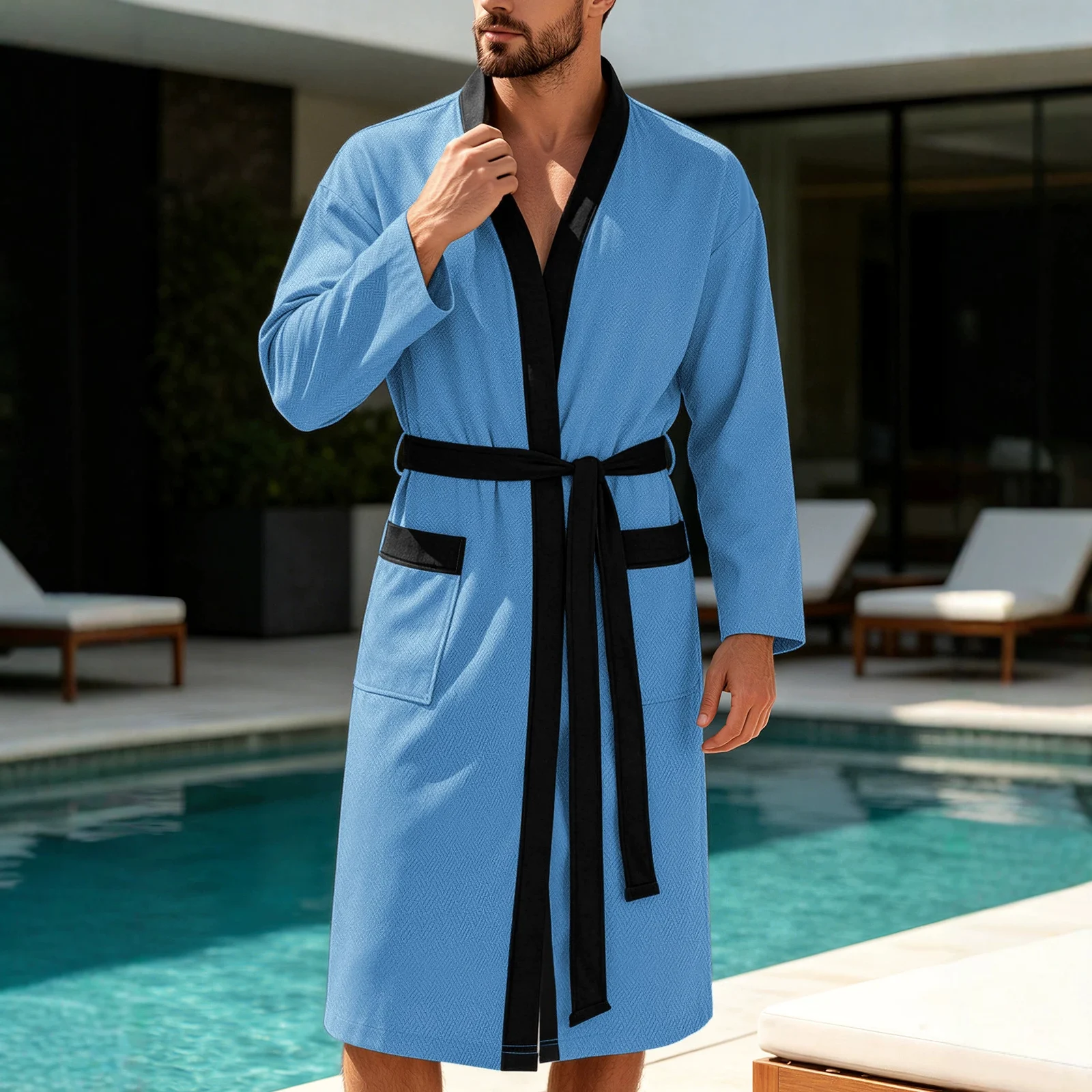 Mens Twill Terry Cloth Casual Long Robe With Two Pockets And Drawstring Tie — image 8