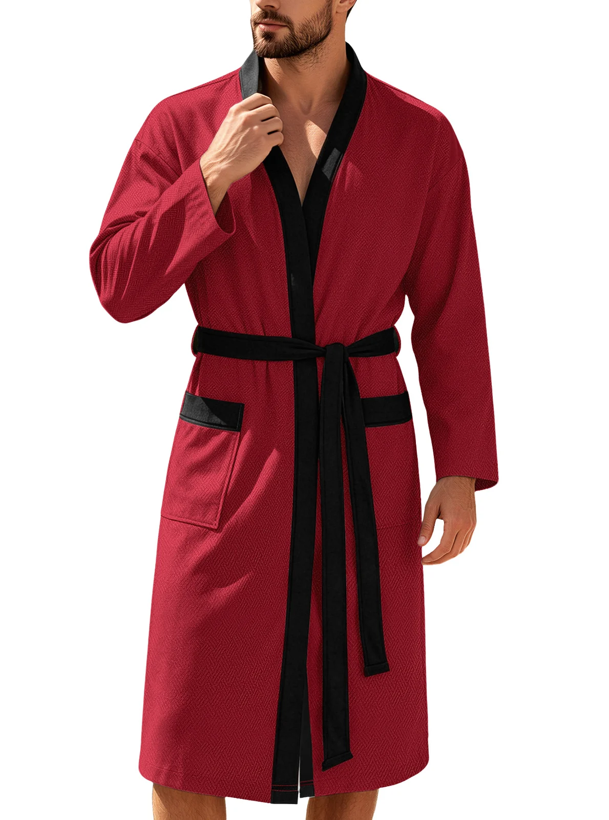 Mens Twill Terry Cloth Casual Long Robe With Two Pockets And Drawstring Tie — image 9