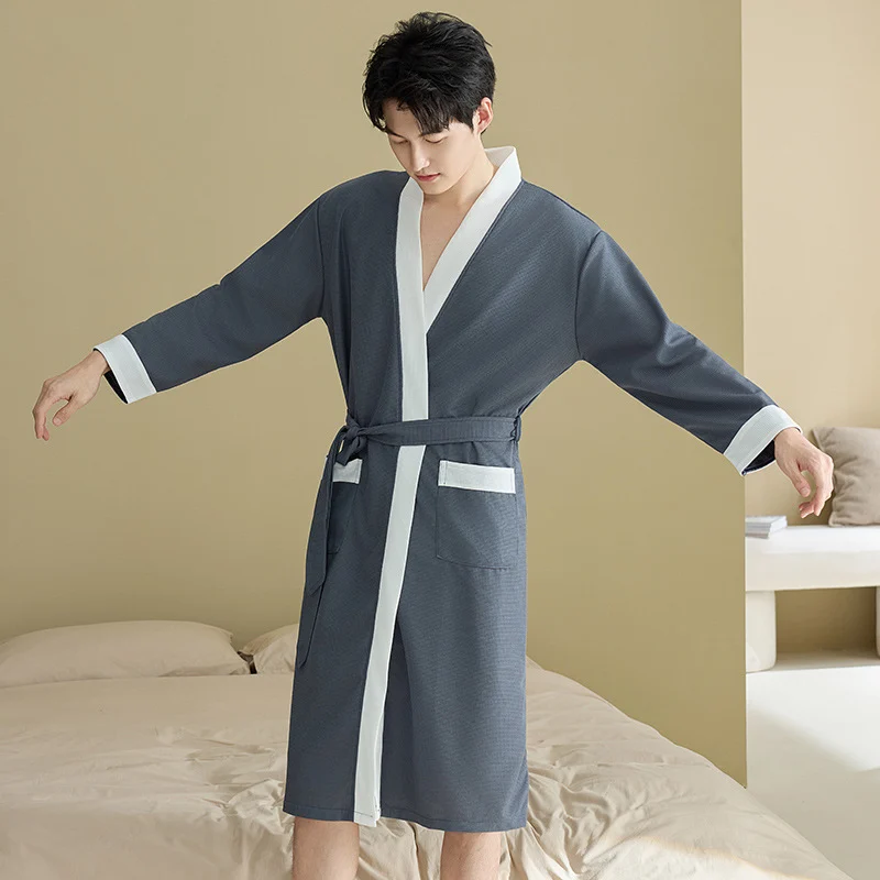 Mens Waffle-weave Simple Casual Nightgown — image 2