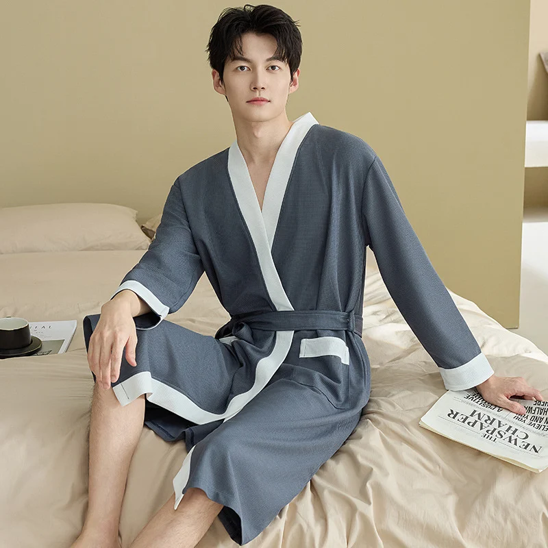 Mens Waffle-weave Simple Casual Nightgown — image 3