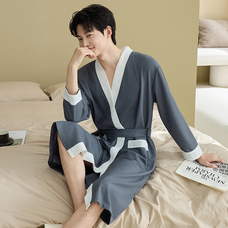 Mens Waffle-weave Simple Casual Nightgown — image 4