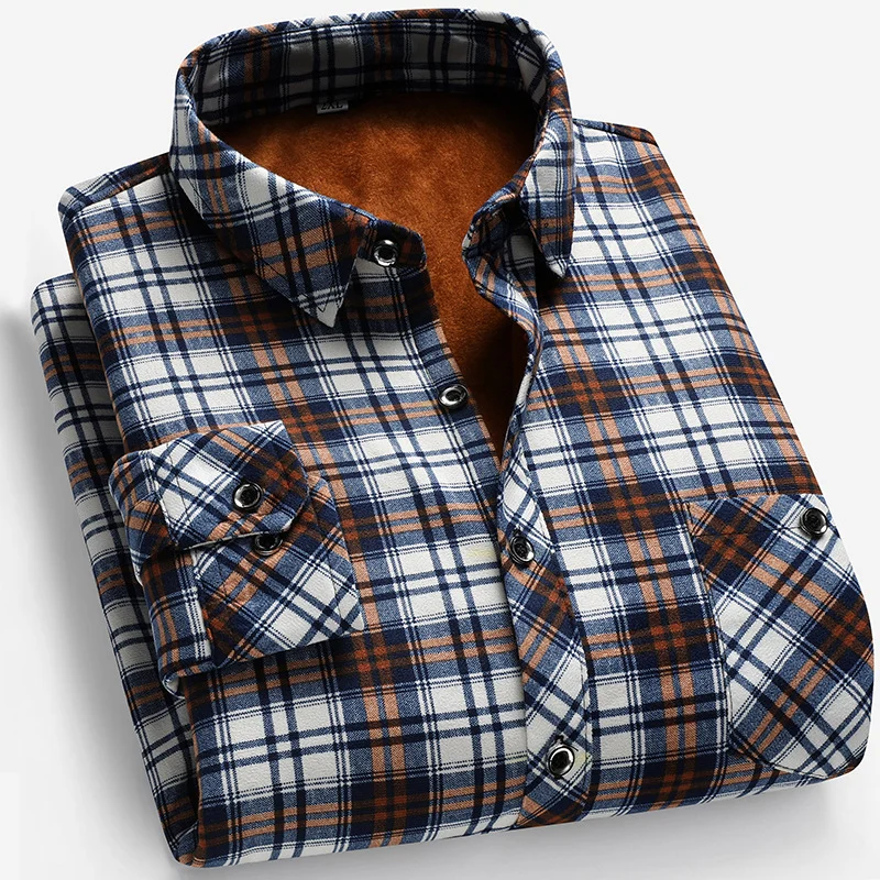 Mens Winter Fleece-lined Thickened Warm-keeping Square-neck Shirt — image 3