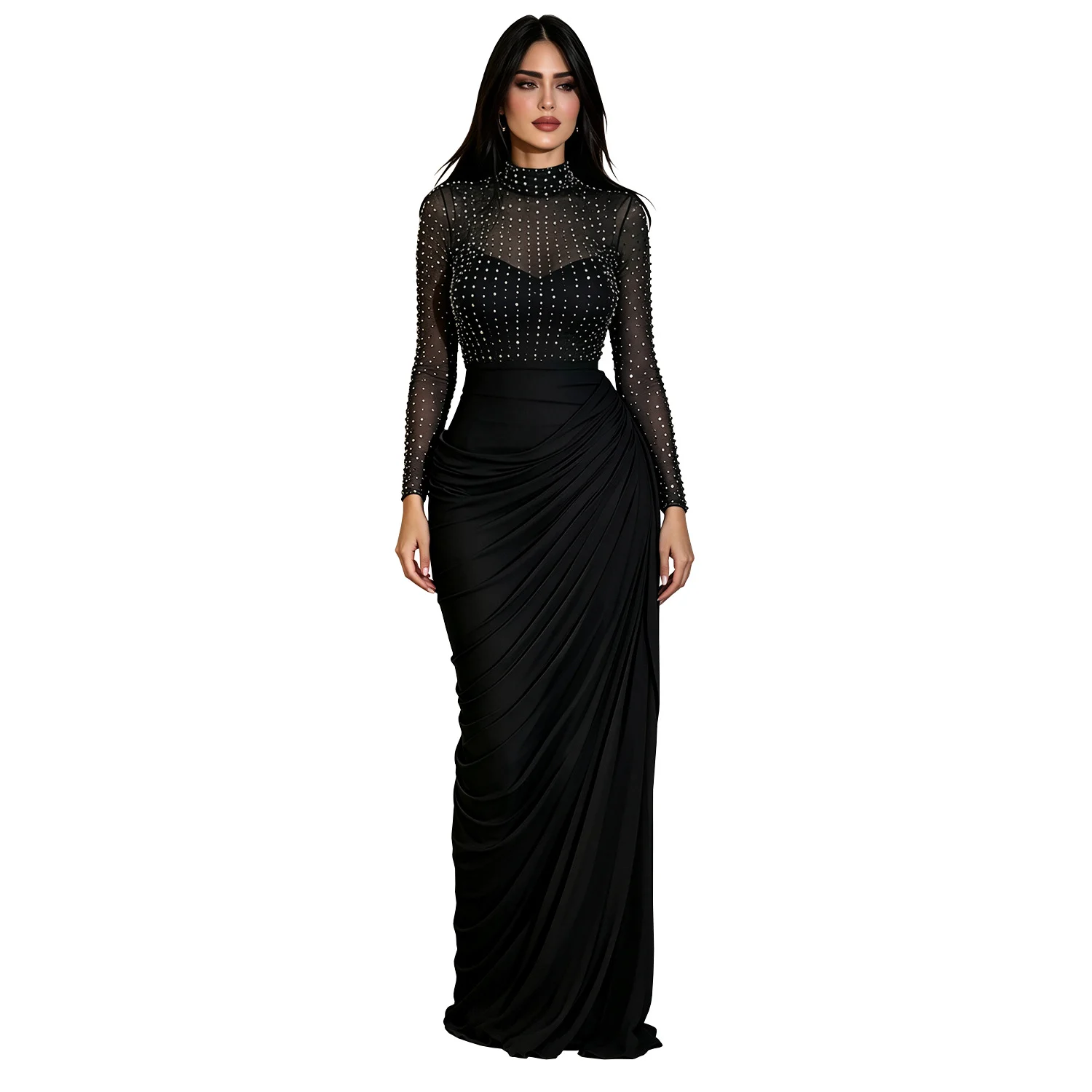 Mesh Long-sleeve Pleated Bodycon Sheath Dress — image 2
