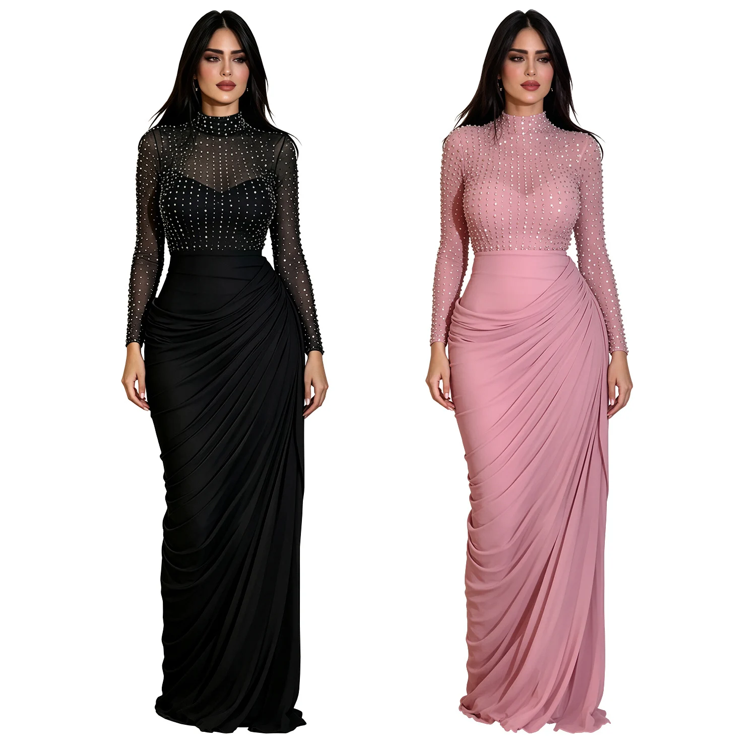Mesh Long-sleeve Pleated Bodycon Sheath Dress — image 7
